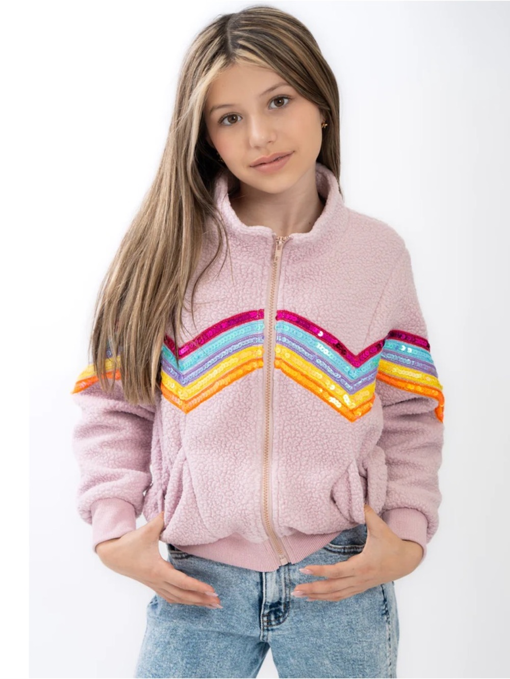 Girls' Pink Sherpa Zip Jacket with Rainbow Sequin Chevron